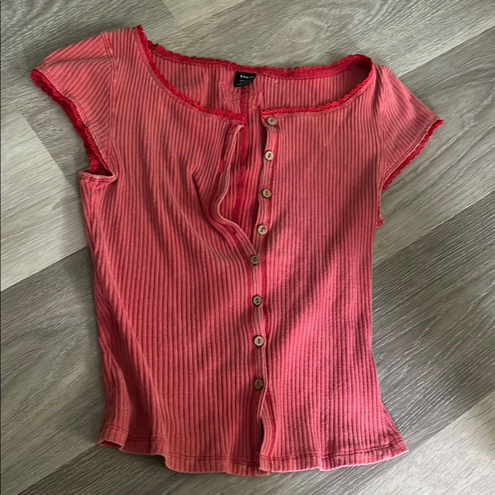 SHEIN Pink Ribbed Button Down Shirt